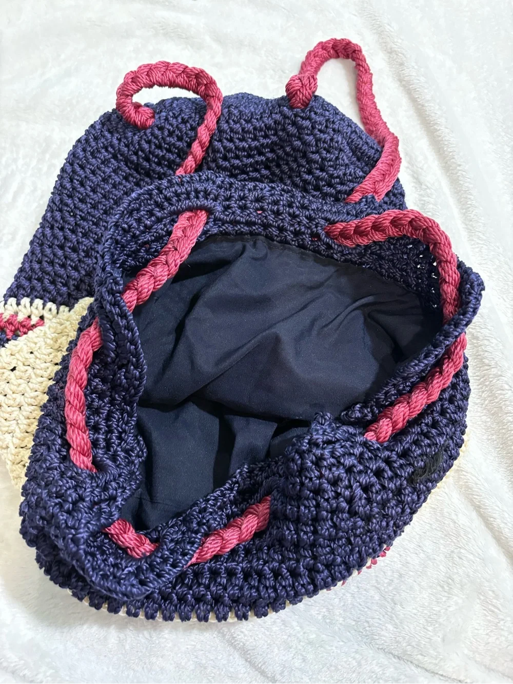 Handmade Crochet Navy & Cream Drawstring Backpack with Pink Accents